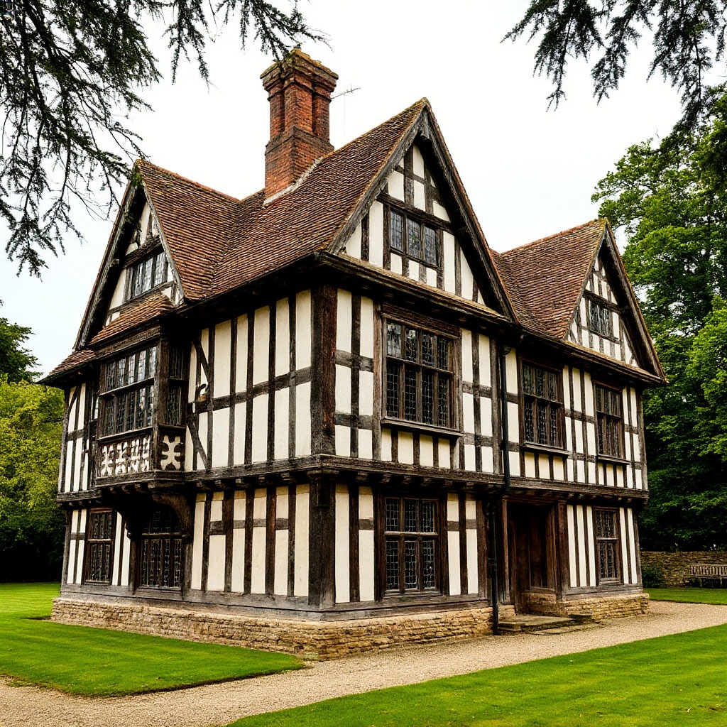Tudor Architecture Course - Historic timber-framed manor house with ornate chimneys